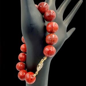 Hand Tied Red Rust Beaded Bracelet with Gold Tone Fish Hook Clasp 8”